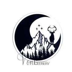 a black and white sticker with a deer standing on top of a mountain in front of the moon