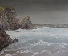 an oil painting of people swimming in the ocean next to large rocks and cliffs on a cloudy day