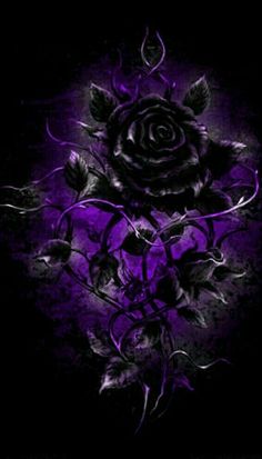 a black and purple rose with leaves on it