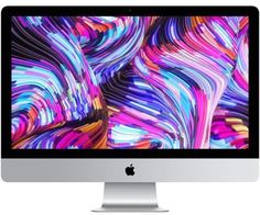 an apple desktop computer with colorful swirls on the screen and keyboard, all in white