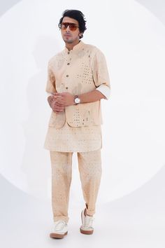 Beige linen bundi with abstract geometric patchwork embroidery. Paired with a pant. - Aza Fashions Linen Patchwork, Geometric Patchwork, Patchwork Embroidery, Nehru Jackets, Patch Work, Aza Fashion, Stand Collar, Types Of Sleeves, For Men