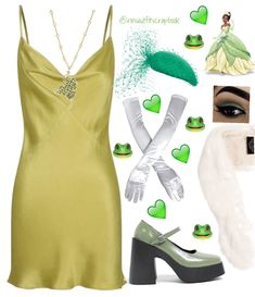 a yellow dress with white gloves and green accessories