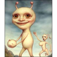 an alien is holding a ball and standing next to a smaller creature with big eyes