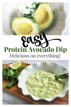 an avocado dip in a white bowl on top of a wooden cutting board