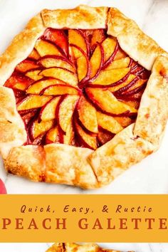 an image of peach galette pie with text overlay