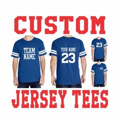 MEN'S CUSTOM JERSEY T Shirt Tee Blue Dad Family Last Name Number Gift Family Personalized Team Color Blue Letter Print Jersey For College, Blue Cotton Jersey For Game Day, Blue Fan Apparel Jersey With Team Name, Customizable Blue Collegiate Tops, Blue Team Spirit Jersey With Letter Print, Blue Jersey With Letter Print For Team Events, Blue Letter Print Jersey For Team Events, Blue Jersey With Letter Print For Sports Season, Blue Football Season Jersey With Letter Print