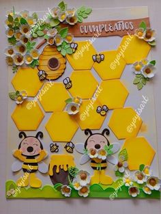 a card with bees and honeycombs in the shape of hexagons