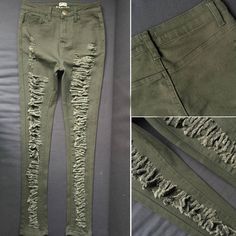 FREE SHIPPING Sexy Women Destroyed Ripped High Waist Stretch Slim Pencil Jeans JKP3667 Stretch Distressed Grunge Jeans, Distressed Stretch Jeans In Grunge Style, Trendy Green Jeans With Frayed Hem, Denim Pants Fashion, New Pant, Jeans Material, Pencil Pants, Drip Dry, Stretch Jeans