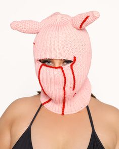 Devil in Disguise Balaclava Hat-Pink-Curve1-Front--Milani---1X Pink Ski Mask Costume, Balaclava With Ears, Devil Balaclava Crochet, Red Balaclava, Pink Crochet Balaclava, Body Chain Harness, Stockings Legs, Halloween Fairy, Glitter Glasses