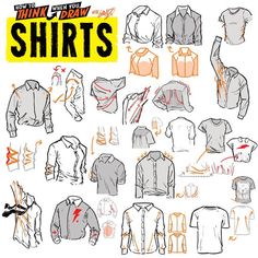 a bunch of shirts that are drawn in different colors and sizes, with the words how to draw shirts written on them