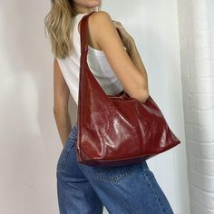 Burgundy hobo bag Red faux leather shoulder bag /... - Depop Red Leather Bag Aesthetic, Red Hobo Bag Outfit, Burgundy Tote Bag Outfit, Red Slouchy Bag, Red Leather Purse Outfit, Red Leather Handbag, Vintage Hobo Bag, Red Hobo Bag, 90s Bags Vintage