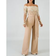 Women's Appliques Lace Patchwork Jumpsuit, Women Sexy Off Shoulder Slash Neck Long Sleeve Women Jumpsuit, Elegant Wide Leg Jumpsuit, Playsuits, Lace Evening Dress, Party Dress, Cocktail Dress, Formal Dress. Looking for something special to wear to your next big event? Then check out our beautiful elegant evening pant suit. Made from high quality polyester, chiffon and lace this glamorous jump suit is sure to turn heads when you walk in the room. Featuring 3/4 lace sleeves, fitted bodice with flo Evening Pant Suits, Patchwork Jumpsuit, Beige Jumpsuit, Off The Shoulder Jumpsuit, Gold Jumpsuit, Wedding Collage, Burgundy Jumpsuit, Party Dress Cocktail, Pants Jumpsuit