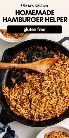 a skillet filled with homemade hamburger helper next to two bowls of fried food