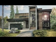 an artist's rendering of a modern house in the middle of a wooded area