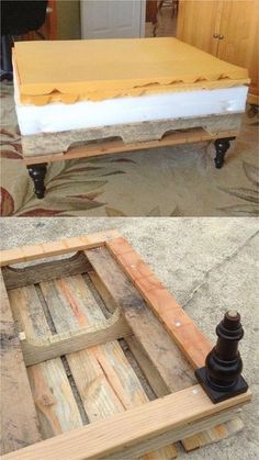 an old bed frame is turned into a coffee table with wood planks and paint