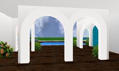 an artist's rendering of a room with arches and flowers in the foreground