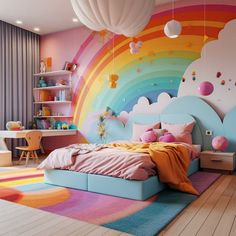 a bedroom with a rainbow painted on the wall