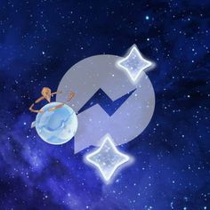 an animated image of a person on top of a globe in the middle of space