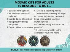 the instructions for how to use mosaic kits for adults 10 reasons to buy info sheet