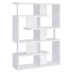 a white bookcase with four shelves on each side