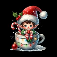 a painting of a little elf sitting in a cup with candy canes and christmas decorations