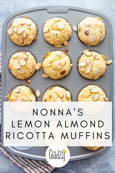 lemon almond ricotta muffins in a muffin tin