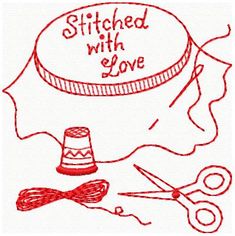 a drawing of a hat and scissors with the words stitched with love written on it