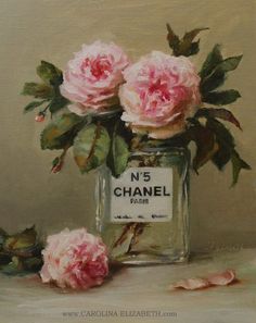 a painting of pink roses in a glass jar with the name n's chanel on it