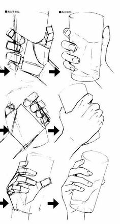 the drawing shows how to draw hands with different angles and positions, including one hand holding something