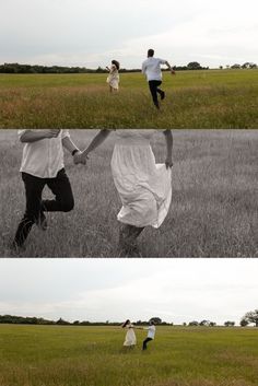 A couple running in an open field. Man running after his fiancé in a fun game of tag. couple holding hands with women in front. Engaged Couples Photography, Cute Engagement Photos, Texas Photography, Romantic Engagement Photos, Outdoor Engagement Photos, I Love Jesus, Engagement Inspo