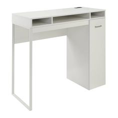 a white desk with two shelves on the top and one drawer open to reveal an item