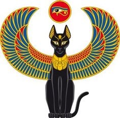 an egyptian cat sitting in front of the sun with its eyes closed and wings spread out