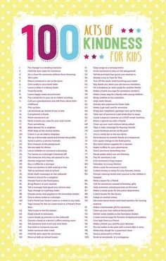 the 100 acts of kindness for kids poster is shown in pink, blue and yellow