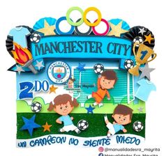 an advertisement for manchester city's 2012 / 2013 season with two children playing soccer