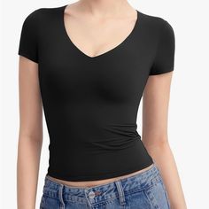 Nwt | Black | Pumiey | Amazon Brand | Size Medium | V-Neck Top | Brand New | Viral On Tiktok | Good Staple Basic | 80% Polyamide, 20% Elastane Comment Any Questions And Bundle To Save!! Fitted V-neck T-shirt In Elastane, Fitted Elastane V-neck T-shirt, Black Fitted Low-cut Top, Fitted V-neck Elastane T-shirt, Black Stretch Low-cut Tops, Black V-neck Top Versatile Style, Black Seamless V-neck Top, Black V-neck Top For Spring, Spring Black Elastane T-shirt