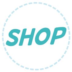 the word shop is in a circle on a white background with blue circles around it