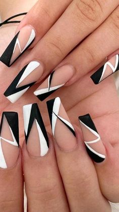 Black White Geometric Nails, Geometry Nails Design, Black And White Coffin Acrylic Nails, Black And White Nail Designs Coffin, Black Nail Inspo Coffin, Checkered Nail Designs, Black And White Nail Design, Black And White Nail, Black And White Nail Designs