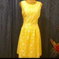 Women Yellow Lined Fitted Midi Dress, Yellow Fitted Lined Midi Dress, Yellow Fitted Midi Dress With Lining, Yellow Fitted Midi Dress, Lined, Elegant Yellow Fit And Flare Dress, Yellow Lined Midi Dress, Yellow A-line Midi Dress, Yellow A-line Sundress, Yellow A-line Midi Dress For Spring