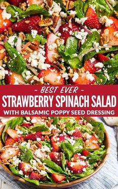 strawberry spinach salad with balsamic poppy seed dressing and feta cheese on top