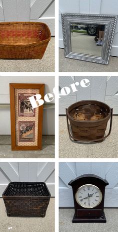 four pictures of different types of baskets and clocks