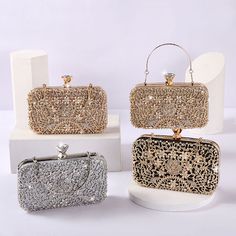 Dazzle wherever you go with the exquisite Rachel Diamond Encrusted Clutch Bag! This distinctive bag boasts stunning rhinestone details. With its stylish handle and high-quality materials, this clutch will last you for years while adding glamor to any outfit. Get ready to make a statement with this gorgeous bag by your side! Now available in black, gold, silver, and champagne. Fancy Clutch Purse, Fancy Clutch, Crystal Handbag, Party Handbags, Top Rings, Beautiful Handbags, Gorgeous Bags, Evening Clutch Bag, Evening Clutch