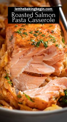 roasted salmon pasta casserole in a white bowl