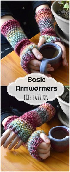 two hands with knitted mitts holding a cup of coffee and the words basic arm warmers free pattern