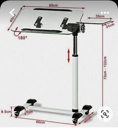 a computer desk with wheels and a glass top on the bottom, measurements for each table