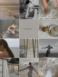 a collage of photos with women in the water and one woman walking on the beach