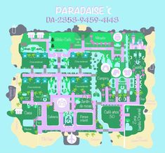 a map of the park with lots of trees and buildings on it's sides