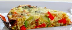 a slice of vegetable quiche on a white plate