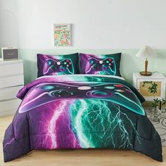 a bed room with a neatly made bed and two night lights on the comforter