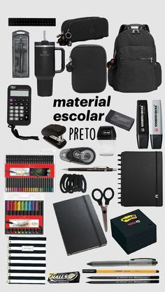 All Black School Supplies, Black School Supplies Aesthetic, School Supplies Aesthetic Black, Black School Bag Aesthetic, School Material Aesthetic, Black School Supplies, School Supplies Black, Everyday Bag Essentials, School Bag Essentials