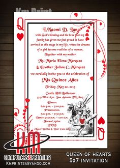 the wedding card is designed to look like an old - fashioned alice and the queen of hearts